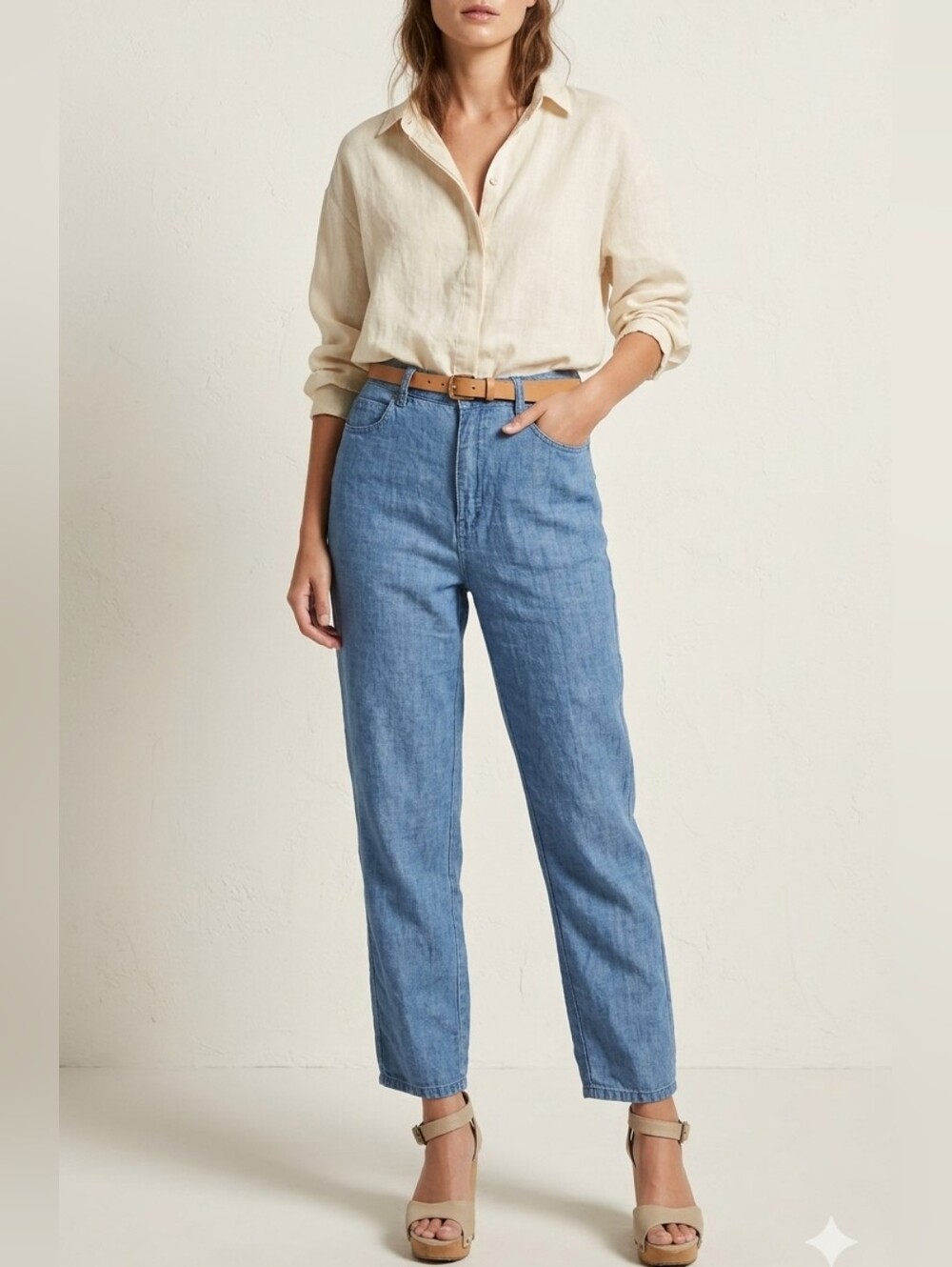 Vintage Ralph Lauren Linen Denim Pants Tapered Leg Light Blue